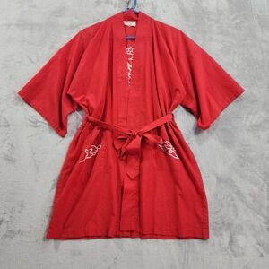 Vintage Plum Blossom Robe Womens S Red Embroidered Belted Kimono Chinese Dragon
